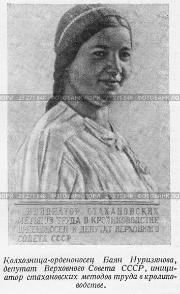 Колхозница-орденоносец Баян Нуризянова, депутат Верховного Совета СССР, инициатор стахановских методов труда в кролиководстве. Стоковая иллюстрация, иллюстратор Макаров Алексей / Фотобанк Лори
