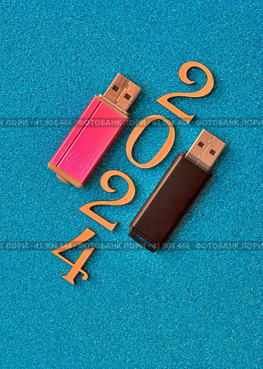 Коллаж защита информации в 2024 году. Цифры года на синем фоне и две USB-флеш-накопители. Стоковое фото, фотограф Елена Бобкова / Фотобанк Лори