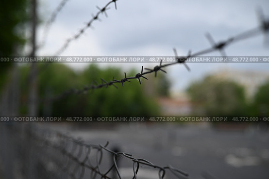 Колючая проволока на ограждении. Стоковое фото, фотограф Кутовой Юрий Викторович / Фотобанк Лори