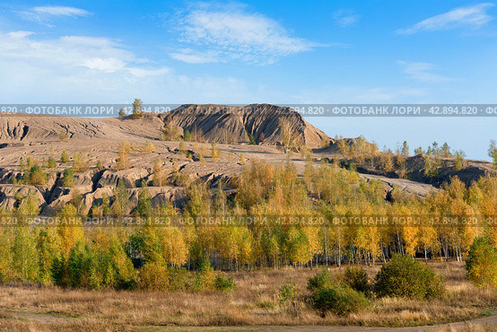 Кондуки, Тульская область, Романцевские горы, Заброшенные Ушаковские каменоломни. Грязевая эрозия почвы выглядит как горы. Участок зарос молодыми березками. Красивый природный ландшафт (2020 год). Стоковое фото, фотограф Pukhov K / Фотобанк Лори