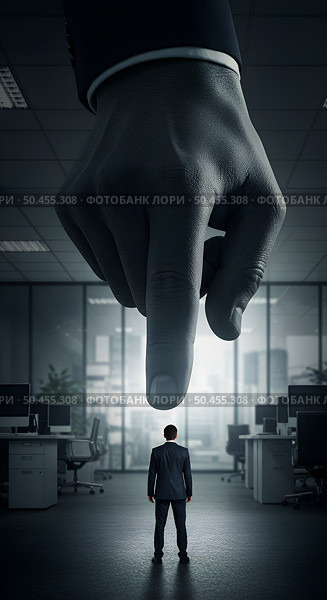 Конфликт с начальством. Огромный палец указывает на маленького сотрудника, символизируя обвинение, буллинг и давление. Концепция поиска козла отпущения и токсичной иерархии в офисе. Редакционное AI-изображение, AI-художник Ирина Першина / Фотобанк Лори