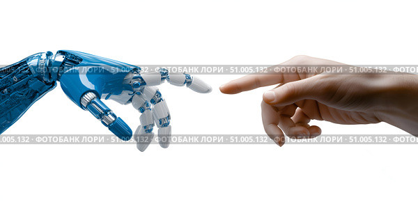 Контакт человека и робота — взаимодействие технологий и человечества. Стоковое AI-изображение, AI-художник Владимир Трубицын / Фотобанк Лори
