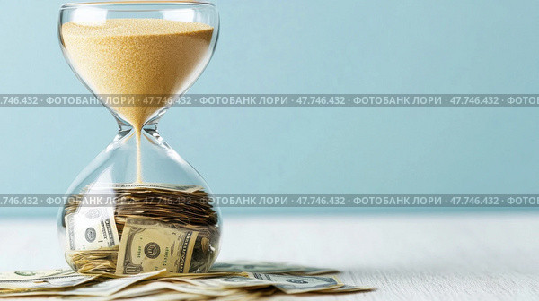Концепция управления финансовым временем с песочными часами и валютой для бизнеса. Стоковое AI-изображение, AI-художник ФотоИнтеллект / Фотобанк Лори