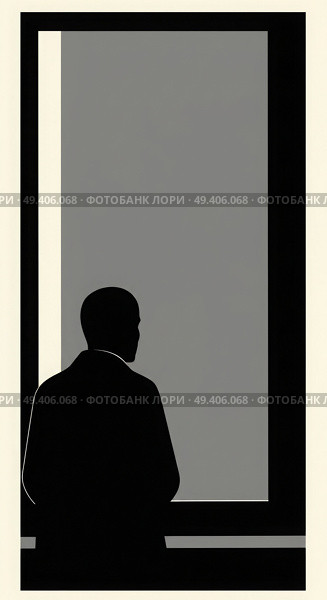 Концептуальная иллюстрация апатии и одиночества. Силуэт человека в темной комнате смотрит в окно на пустую серую стену. Минималистичный стиль шелкографии. Редакционное AI-изображение, AI-художник Ирина Першина / Фотобанк Лори