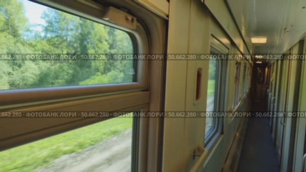 Коридор вагона пассажирского поезда во время движения. Купейный вагон с проносящимися мимо пейзажами в окнах. Интерьер движущегося поезда с длинным коридором, дверями и окнами. Corridor of passenger train carriage during movement. Wagon with landscapes rushing by in windows. Interior of moving train with long corridor, doors and windows. Стоковое видео, видеограф Ирина / Фотобанк Лори