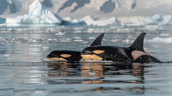 Косатки в море. Стоковое AI-изображение, AI-художник Щеголева Ольга / Фотобанк Лори