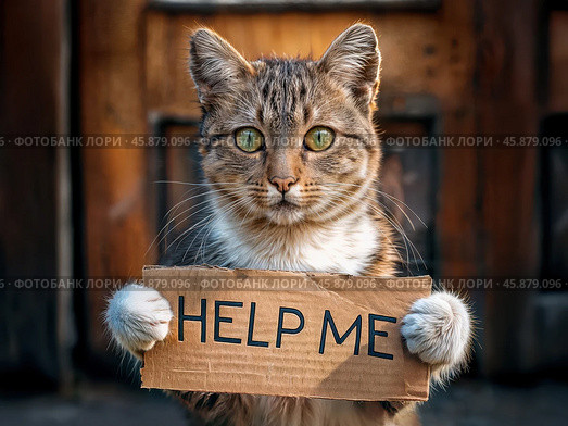 Кот держит лапами картонную табличку с надписью HELP ME. Стоковое AI-изображение, AI-художник Болдырева Елена / Фотобанк Лори