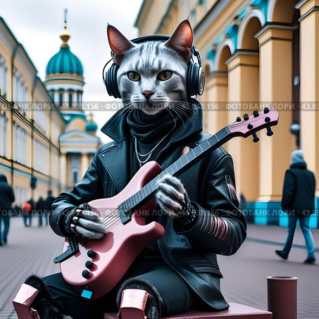 Кот музыкант, играет на улицеCat Musician Playing Guitar on the Street. AI Generated. Стоковое AI-изображение, AI-художник Алексей Траст / Фотобанк Лори