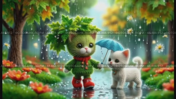 Котята с зонтиком. Стоковое AI-видео, аниматор Антонина Тарасова / Фотобанк Лори