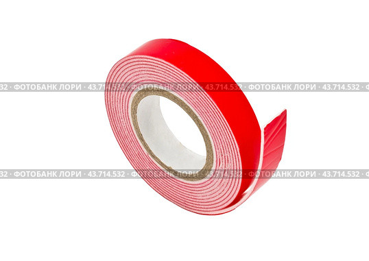 Красный двухсторонний скотч на белом фоне. Red double-sided tape on a white background. Стоковое фото, фотограф Татьяна Д / Фотобанк Лори