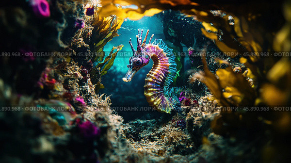 Красочный морской конек, замаскированный под яркие водоросли, для подводных исследований и изучения морской жизни. Стоковое AI-изображение, AI-художник ФотоИнтеллект / Фотобанк Лори