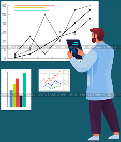 Laboratory assistant works with research creative test results, analyzes obtained experimental data. Male scientist stands near board with indicators, charts. Innovation idea, scientific development. Laboratory assistant works with research creative test results, analyzes obtained experimental data. Стоковая иллюстрация, агентство Ingram Publishing / Фотобанк Лори