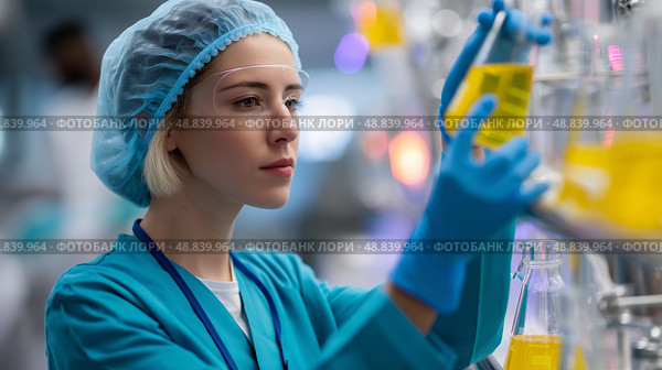 Laboratory technician conducting research with yellow liquid samples in a modern lab environment. Стоковое AI-изображение, AI-художник Сергей Толмачёв / Фотобанк Лори