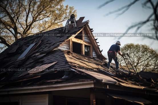 Laborious Old roof removing. Generate Ai. Стоковое AI-изображение, AI-художник Иван Рябоконь / Фотобанк Лори