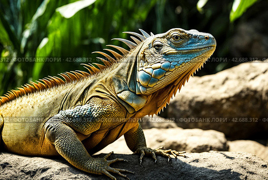 land iguana (Conolophus subcristatus) endemic to Galapagos islands. Lizards (Conolophus) in tropical animal world. Observation of wildlife area. Holiday adventure in Ecuador. Стоковое AI-изображение, AI-художник Aleksandr Golubev / Фотобанк Лори