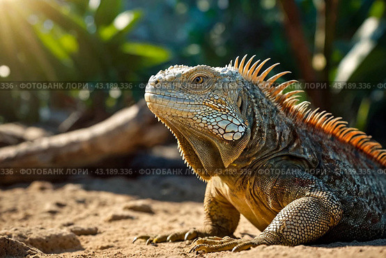 land iguana (Conolophus subcristatus) endemic to Galapagos islands. Lizards (Conolophus) in tropical animal world. Observation of wildlife area. Holiday adventure in Ecuador. Стоковое AI-изображение, AI-художник Aleksandr Golubev / Фотобанк Лори