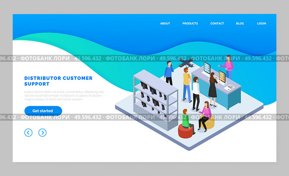 Landing page of website, distributor customer service. Isometric image with people in tech store buying digital device. Online consultation at website with distributors. Personalized help to customers. Landing page of website, distributor customer service, isometric image with people in tech store. Стоковая иллюстрация, агентство Ingram Publishing / Фотобанк Лори