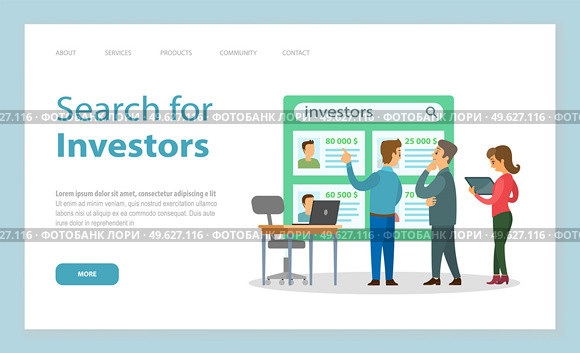 Landing page of website. Search for investors. People searching investors for project or startup. Men and woman choosing candidate from list who has more money. Information board with investors cards. Landing page of website, search for investors, people searching investors for project or startup. Стоковая иллюстрация, агентство Ingram Publishing / Фотобанк Лори