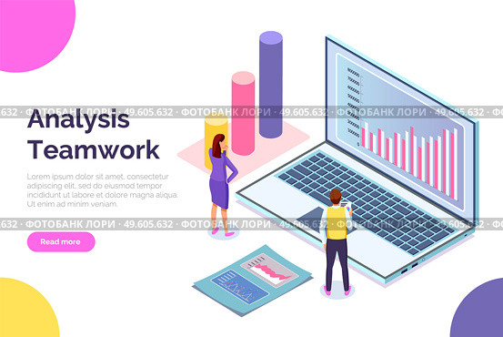 Landing page teamwork analysis site. Large cartoon laptop with charts, data, analytic summary, businessman and businesswoman monitor team work data. Large cylindrical shapes different heights on stand. Business site page template.Man and woman near arge laptop with analytical data, graphs. Flat image. Стоковая иллюстрация, агентство Ingram Publishing / Фотобанк Лори