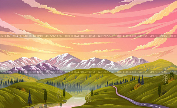 Landscape nature background with mountains, clear sky and clouds, the river flows along the winding road. Beautifu landscape with mountain river descends from peaks and flows through a rocky valley. Natural landscape background with mountains, clear sky and the river flows along the winding road. Стоковая иллюстрация, агентство Ingram Publishing / Фотобанк Лори