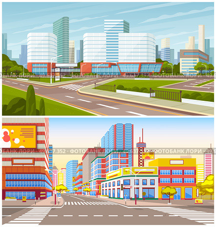 Landscape of urban cities. Cityscapes of town center with malls. Roadways with markup against background of buildings and skyscrapers. Cityscapes with modern buildings. Two urban cities with highways. Landscape of urban cities. Cityscape of town center with malls. Roadway on background of skyscrapers. Стоковая иллюстрация, агентство Ingram Publishing / Фотобанк Лори
