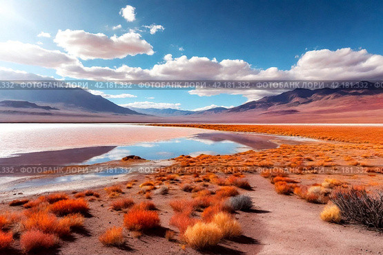Landscape photo of Laguna Colorada lake with dry vegetation at Andes mountains background. Scenery view of Bolivia in natural wilderness. Bolivian nature landmarks concept. Copy ad text space, poster. Стоковое AI-изображение, AI-художник Aleksandr Golubev / Фотобанк Лори