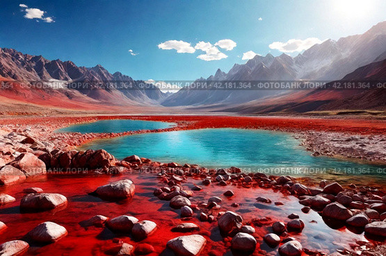 Landscape photo of Laguna Colorada red lake with rocks and geysers at Andes mountains. Scenery view of Bolivia in natural wilderness. Bolivian nature landmarks concept. Copy ad text space, backgrounds. Стоковое AI-изображение, AI-художник Aleksandr Golubev / Фотобанк Лори