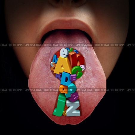 Language solution education concept as a mouth with a tongue sticking out with a group of alphabet letters shaped as a key hole as a metaphor for speech therapy and reading and writing learning solutions. Стоковое фото, агентство Ingram Publishing / Фотобанк Лори