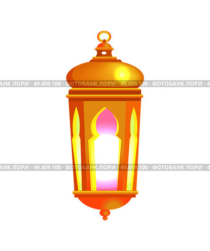 Lantern with glowing light, celebration of Eid Al Adha in Islamic world, decorational element gold object illumination isolated on vector illustration. Lantern with Glowing Light Vector Illustration. Стоковая иллюстрация, агентство Ingram Publishing / Фотобанк Лори