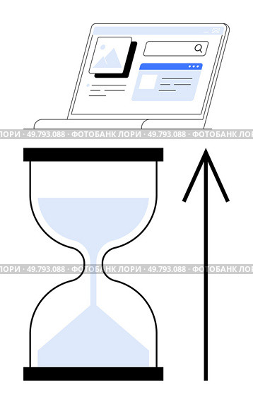 Laptop screen displaying a loading web, v10 page with hourglass and upward arrow. Ideal for time management, web, v10 design, progress tracking, online speed, user experience, deadlines, productivity. Line. Website Loading Process with Hourglass and Upward Arrow Indicating Speed Improvement. Стоковая иллюстрация, агентство Ingram Publishing / Фотобанк Лори