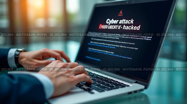 Laptop screen displaying cyber attack alert, red warning of system hacked, concept of digital security breach, internet safety issue, unauthorized access detected. Стоковое AI-изображение, AI-художник Павел Муравьев / Фотобанк Лори