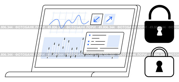 Laptop screen displaying data visualizations with charts and growth indicators. Two padlocks symbolize security. Ideal for data analysis, cybersecurity, business intelligence, technology, IT. Data Visualization and Security Locks Illustrating Secure Information Management. Стоковая иллюстрация, агентство Ingram Publishing / Фотобанк Лори