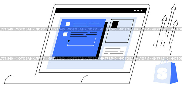Laptop screen displays an online store dashboard with analytic charts and a shopping bag icon. Arrows indicate growth in sales. Ideal for e-commerce, business analytics, online shopping, digital. Online Store Dashboard on a Laptop with Arrows Signifying Growth or Increase in Sales. Стоковая иллюстрация, агентство Ingram Publishing / Фотобанк Лори