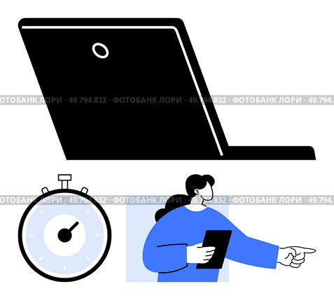 Laptop stopwatch and a person with a tablet extending arm. Ideal for time management, productivity tools, remote work, efficiency, digital organization, task prioritization, goal tracking. Line. Digital Workflow Laptop, Timer, and Person Highlighting Time Management Skills and Workflow. Стоковая иллюстрация, агентство Ingram Publishing / Фотобанк Лори