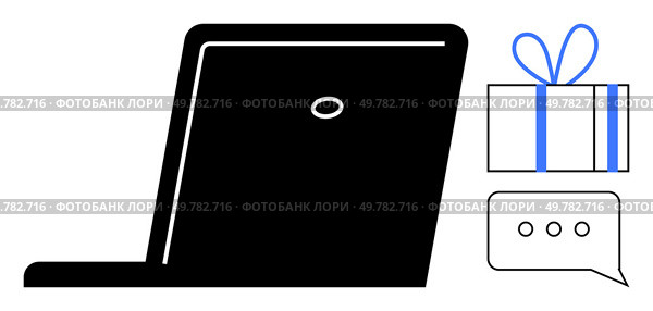 Laptop with closed screen appearing in black. Beside it is a blue bow-tied gift box icon and a speech bubble. Ideal for digital communication, online shopping, e-commerce, gifting, technology. Simplistic laptop graphic alongside gift box and speech bubble icons, emphasizing digital communication and exchange. Стоковая иллюстрация, агентство Ingram Publishing / Фотобанк Лори