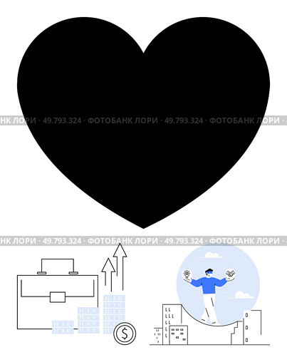 Large black heart atop briefcase, bar graph with upward arrows, coin, and a person balancing clocks on a tightrope. Ideal for business growth, success, time management, innovation, finance personal. Business success and personal growth depicted through innovative concepts and minimalist design. Стоковая иллюстрация, агентство Ingram Publishing / Фотобанк Лори
