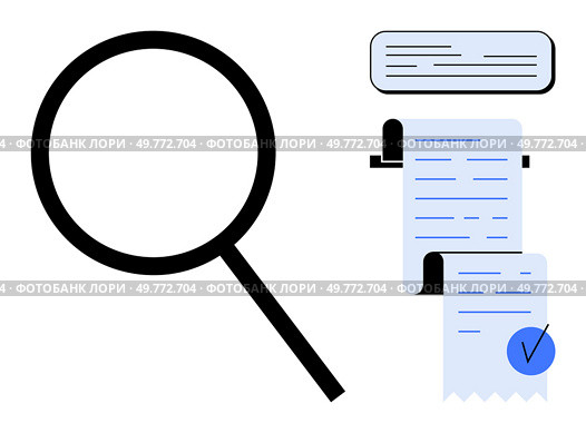 Large black magnifying glass and documents with writing and blue checkmark. Simplistic, clean design. Ideal for research, verification, data analysis, administrative tasks, record-keeping. Search and Document Verification with Magnifying Glass Icon and Submitted Paperwork. Стоковая иллюстрация, агентство Ingram Publishing / Фотобанк Лори
