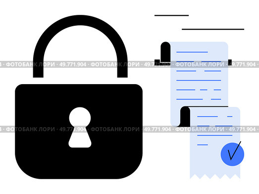 Large black padlock next to a rolled receipt or document with a blue verification checkmark. Ideal for security, privacy, data protection, authenticity, verification. Minimalist vector style. Secure Document with Padlock and Verification Checkmark. Стоковая иллюстрация, агентство Ingram Publishing / Фотобанк Лори