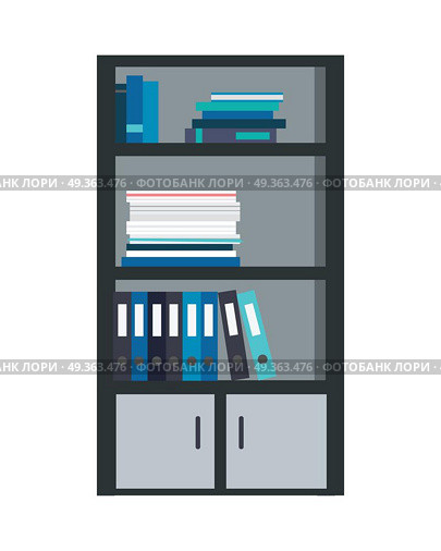 Large Bookcase with Different Books Isolated.. Large bookcase with different books isolated. Folders and documents ordered in bookcase. Modern office interior. Books on bookshelves. Library scene bookcase in flat design style. Vector illustration. Стоковая иллюстрация, агентство Ingram Publishing / Фотобанк Лори