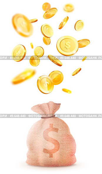 Large cloth bag with dollar symbol. Sack with coins as symbol of wealth and success. Container with money isolated on white background. Income and high earnings in cash. Dollar coins fall into bag. Large cloth bag with dollar symbol coins fall into bag. Sack with money symbol of wealth and success. Стоковая иллюстрация, агентство Ingram Publishing / Фотобанк Лори
