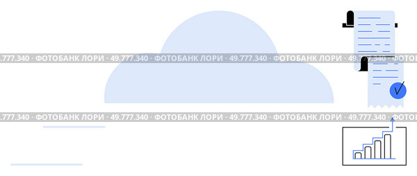 Large cloud in centre with long document with checkmark on right top corner and chart with upward trend below it. Ideal for cloud computing, data storage, data analytics, business growth, compliance. Cloud Computing with Data Insights and Compliance. Стоковая иллюстрация, агентство Ingram Publishing / Фотобанк Лори