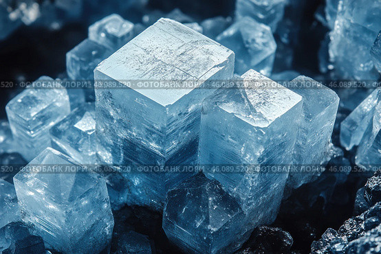 Large crystals in a blue hue. The crystals appear transparent and have a distinct faceted structure. The light and shadows reflecting off their surface create an interesting texture and add a sense of depth. These crystals are likely mineral or ice crystals, and their geometry gives the image a strict yet beautiful look. Стоковое AI-изображение, AI-художник Анна Кривицкая / Фотобанк Лори