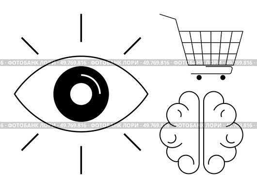Large eye with rays, brain outline, and shopping cart. Ideal for marketing, consumer behavior, psychology, digital transformation, and retail trends. Simple lines and black and white colours. Eye Brain and Shopping Cart Metaphors in Minimalist Black and White Design. Стоковая иллюстрация, агентство Ingram Publishing / Фотобанк Лори