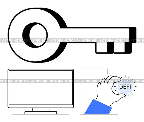 Large key above computer screen and hand holding DeFi token. Ideal for cybersecurity, digital finance, blockchain, fintech, online security, DeFi concepts, data protection. Line metaphor. Digital Key Representing Access to DeFi on Computer Screen with Hand Holding DeFi Token. Стоковая иллюстрация, агентство Ingram Publishing / Фотобанк Лори