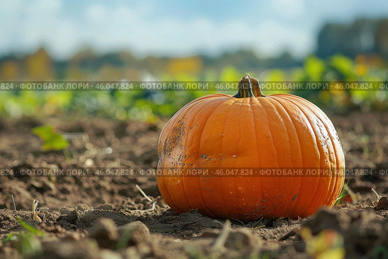 Large orange pumpkin growing in a patch on a farm. Стоковое AI-изображение, AI-художник Иван Рябоконь / Фотобанк Лори