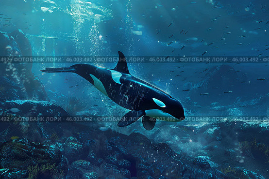 Large orca whale gracefully swimming through the deep blue ocean. Стоковое AI-изображение, AI-художник Иван Рябоконь / Фотобанк Лори