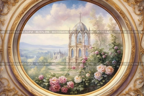 Large oval windows overlooked a garden with roses, watercolor style, Generative AI. Стоковое AI-изображение, AI-художник Анна Кривицкая / Фотобанк Лори