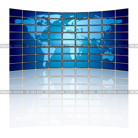 Large tv panel compound by a lot of screens displaying the world map. Стоковое фото, агентство Ingram Publishing / Фотобанк Лори