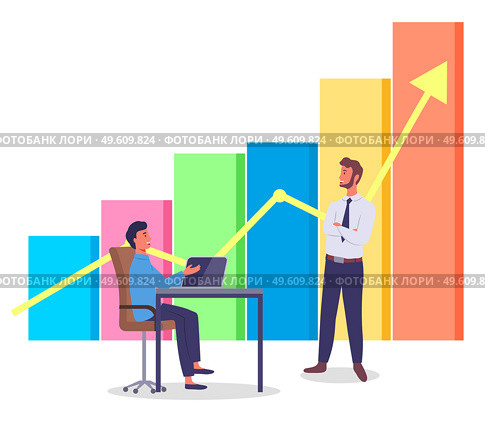 Large volum multi-colored bar chart. Yellow arrow of growth. Office workers discuss the project. Man at table with laptop. Profit growth, analytical report. Cartoon diagram for website, banner. Volumetric color bar chart, yellow arrow. Managers, office staff, men working on project, laptop. Стоковая иллюстрация, агентство Ingram Publishing / Фотобанк Лори