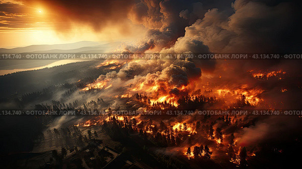 Large wildfire burns in a forest next to a lake, sending up a large smoke plume. Стоковое AI-изображение, AI-художник Данила Большаков / Фотобанк Лори